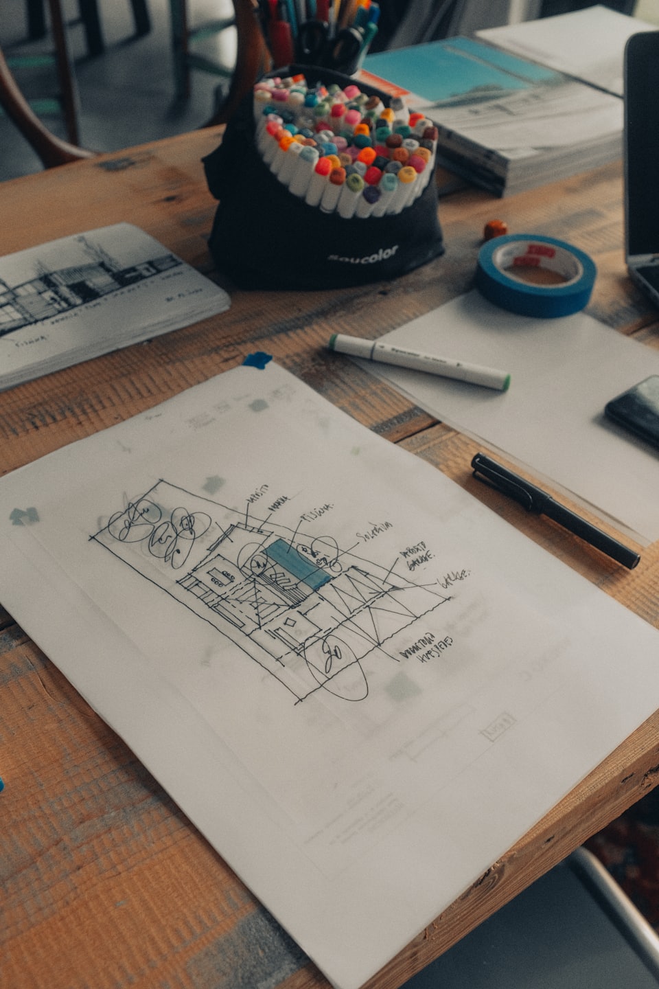 Progetto architettonico e materiale artistico su una scrivania di legno.